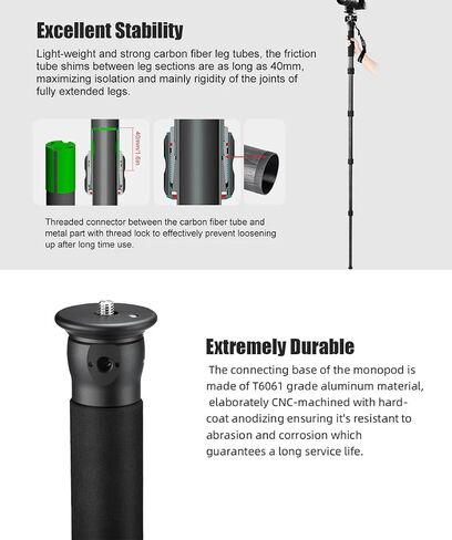 SUNWAYFOTO M3650C + DT-03R CF Monopod 36mm Top Section 10kg 22lb Max Load Carbon Fiber 1/4" / 3/8" Super Portable + Arca Compatible Panning QR Clamp Head in Kuwait