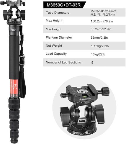 SUNWAYFOTO M3650C + DT-03R CF Monopod 36mm Top Section 10kg 22lb Max Load Carbon Fiber 1/4" / 3/8" Super Portable + Arca Compatible Panning QR Clamp Head in Kuwait