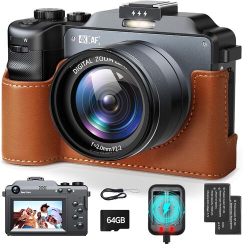 4K Digital Camera for Photography, 64MP Autofocus Vlogging Camera with Dual Lens 18X Zoom, 3" LCD Screen, Built-in Flash, Compact Point and Shoot Travel Camera with 64GB Card, 2 Batteries in Kuwait