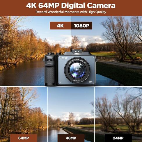 4K Digital Camera for Photography, 64MP Autofocus Vlogging Camera with Dual Lens 18X Zoom, 3" LCD Screen, Built-in Flash, Compact Point and Shoot Travel Camera with 64GB Card, 2 Batteries in Kuwait