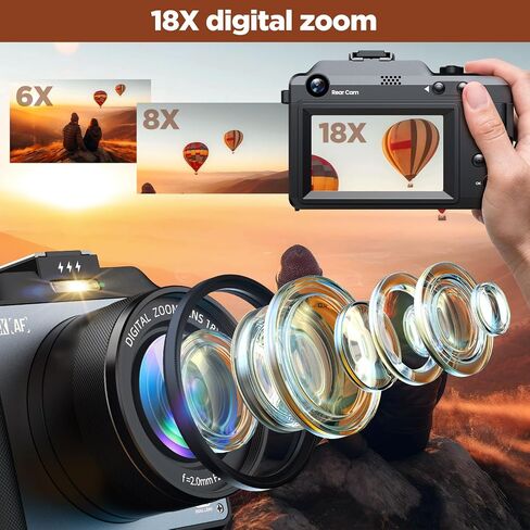 4K Digital Camera for Photography, 64MP Autofocus Vlogging Camera with Dual Lens 18X Zoom, 3" LCD Screen, Built-in Flash, Compact Point and Shoot Travel Camera with 64GB Card, 2 Batteries in Kuwait