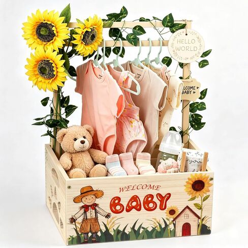 Wooden Baby Shower Crate Closet, Baby Shower Gift Basket for Newborn Gifts | Personalized Baby Shower Gifts with Name Decorative Bow Ornament, Baby Shower Basket with Hanger Rack for Newborn Party Gifts in Kuwait