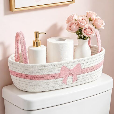 JarThenaAMCS Pink Bow Woven Storage Basket for Toilet Tank Top Boho Bathroom Cotton Rope Organizer Basket with Handle for Shelf Bedroom Living Room Nursery Toys Organizing, 13 x 6 x 4 Inch in Kuwait