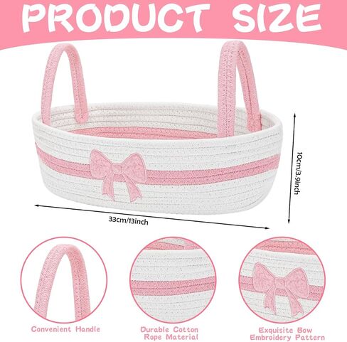 JarThenaAMCS Pink Bow Woven Storage Basket for Toilet Tank Top Boho Bathroom Cotton Rope Organizer Basket with Handle for Shelf Bedroom Living Room Nursery Toys Organizing, 13 x 6 x 4 Inch in Kuwait