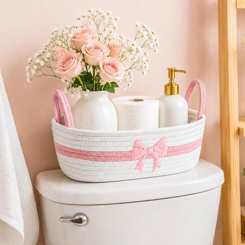 JarThenaAMCS Pink Bow Woven Storage Basket for Toilet Tank Top Boho Bathroom Cotton Rope Organizer Basket with Handle for Shelf Bedroom Living Room Nursery Toys Organizing, 13 x 6 x 4 Inch in Kuwait