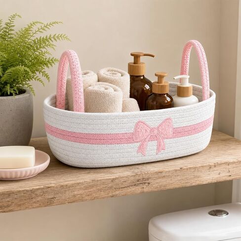 JarThenaAMCS Pink Bow Woven Storage Basket for Toilet Tank Top Boho Bathroom Cotton Rope Organizer Basket with Handle for Shelf Bedroom Living Room Nursery Toys Organizing, 13 x 6 x 4 Inch in Kuwait