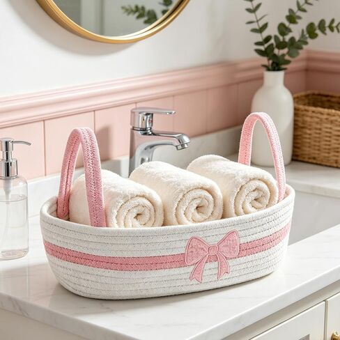 JarThenaAMCS Pink Bow Woven Storage Basket for Toilet Tank Top Boho Bathroom Cotton Rope Organizer Basket with Handle for Shelf Bedroom Living Room Nursery Toys Organizing, 13 x 6 x 4 Inch in Kuwait