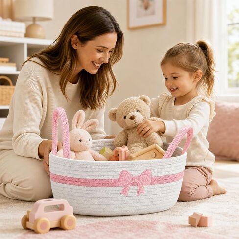 JarThenaAMCS Pink Bow Woven Storage Basket for Toilet Tank Top Boho Bathroom Cotton Rope Organizer Basket with Handle for Shelf Bedroom Living Room Nursery Toys Organizing, 13 x 6 x 4 Inch in Kuwait