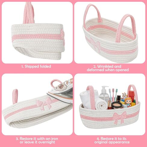 JarThenaAMCS Pink Bow Woven Storage Basket for Toilet Tank Top Boho Bathroom Cotton Rope Organizer Basket with Handle for Shelf Bedroom Living Room Nursery Toys Organizing, 13 x 6 x 4 Inch in Kuwait