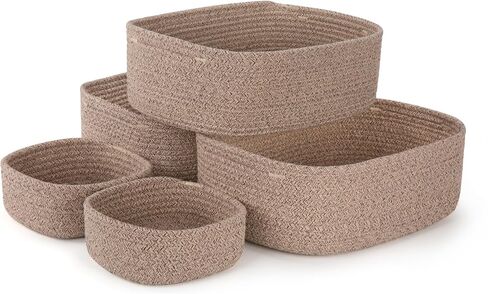 5-Pack Large Woven Rope Storage Baskets, 2 Sizes Organizer Bins | Fabric Cube Boxes and Rectangular Shallow Bins for Closet, Shelf, Bookshelf, Nursery, Changing Table, Bathroom, Toys & Home in Kuwait
