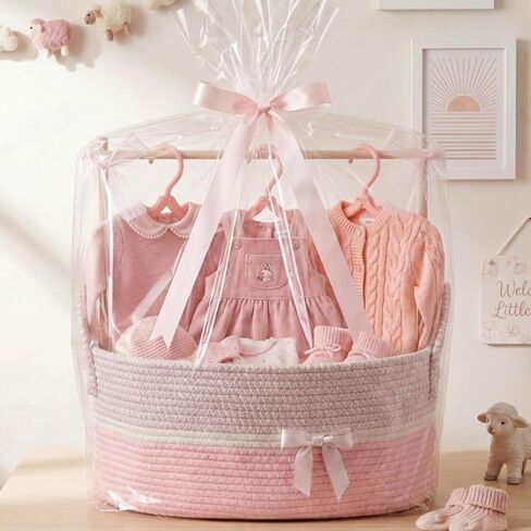 Colingmill Baby Shower Crate Closet Set 16 x 11 x 7.9 in Large Woven Nursery Storage Basket with Handles, Includes Hangers Tulle Ribbons Gift Bag and Card Newborn Boy Girl Welcome Gift for New Mom in Kuwait