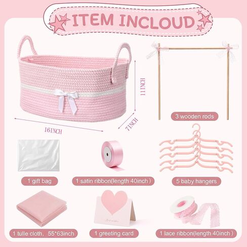 Colingmill Baby Shower Crate Closet Set 16 x 11 x 7.9 in Large Woven Nursery Storage Basket with Handles, Includes Hangers Tulle Ribbons Gift Bag and Card Newborn Boy Girl Welcome Gift for New Mom in Kuwait