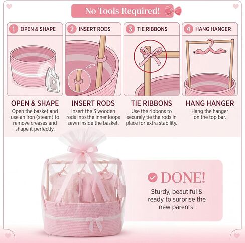Colingmill Baby Shower Crate Closet Set 16 x 11 x 7.9 in Large Woven Nursery Storage Basket with Handles, Includes Hangers Tulle Ribbons Gift Bag and Card Newborn Boy Girl Welcome Gift for New Mom in Kuwait