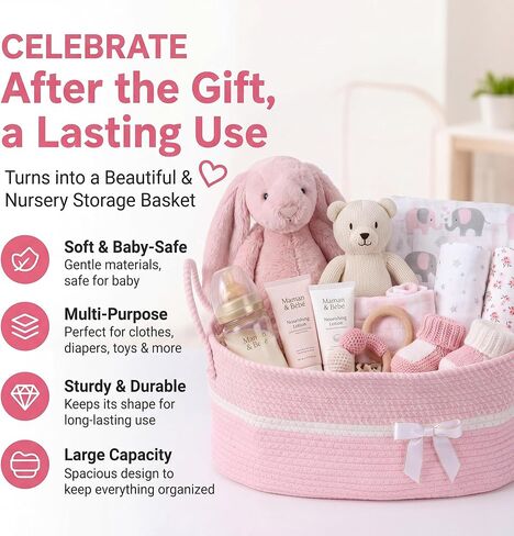 Colingmill Baby Shower Crate Closet Set 16 x 11 x 7.9 in Large Woven Nursery Storage Basket with Handles, Includes Hangers Tulle Ribbons Gift Bag and Card Newborn Boy Girl Welcome Gift for New Mom in Kuwait