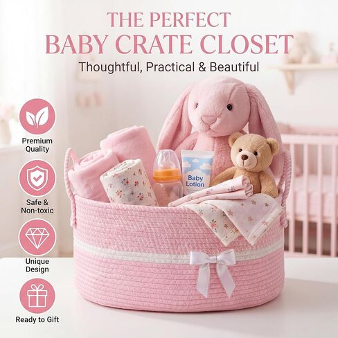 Colingmill Baby Shower Crate Closet Set 16 x 11 x 7.9 in Large Woven Nursery Storage Basket with Handles, Includes Hangers Tulle Ribbons Gift Bag and Card Newborn Boy Girl Welcome Gift for New Mom in Kuwait