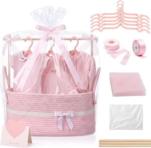 Colingmill Baby Shower Crate Closet Set 16 x 11 x 7.9 in Large Woven Nursery Storage Basket with Handles, Includes Hangers Tulle Ribbons Gift Bag and Card Newborn Boy Girl Welcome Gift for New Mom in Kuwait