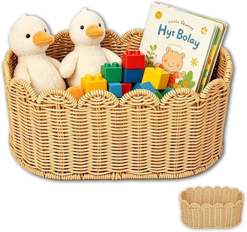 Scalloped Basket 2pcs 16.14*10*7.2/13.9*8*6in, Hand-Woven Wicker Scalloped Baskets for Nursery, Waterproof Scalloped Edge Basket , Scallop Rattan Basket for Baby Room Decor & Home (wheat) in Saudi Arabia