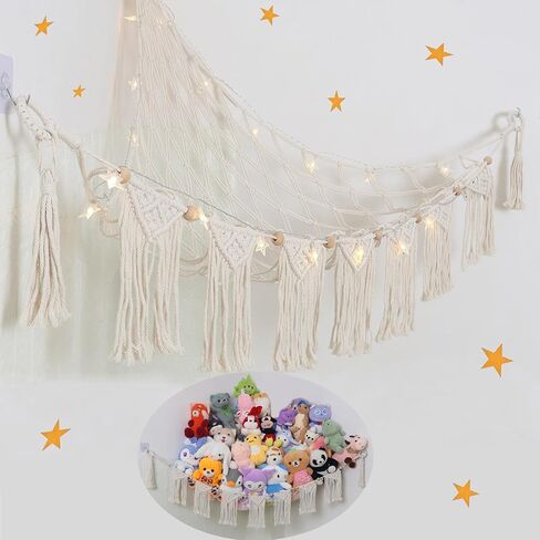 Large Stuffed Animal Net or Hammock, Boho Macrame Toy Hammock with LED Lights, Decorate Room Space Saving Pet Net for Stuffed Animals, Suitable for Nursery, Playroom, Kids Bedroom in Kuwait