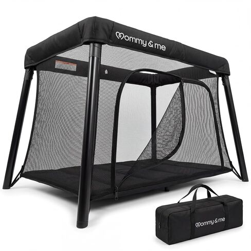 Mommy&Me Travel Crib for Baby and Toddler, Black | Lightweight 14 lb, Portable Playard, Folds in Seconds with Carry Bag, Breathable Mesh Sides, Easy Side-Zip Access in Kuwait