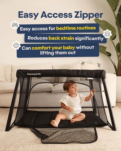Mommy&Me Travel Crib for Baby and Toddler, Black | Lightweight 14 lb, Portable Playard, Folds in Seconds with Carry Bag, Breathable Mesh Sides, Easy Side-Zip Access in Kuwait