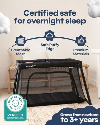 Mommy&Me Travel Crib for Baby and Toddler, Black | Lightweight 14 lb, Portable Playard, Folds in Seconds with Carry Bag, Breathable Mesh Sides, Easy Side-Zip Access in Kuwait