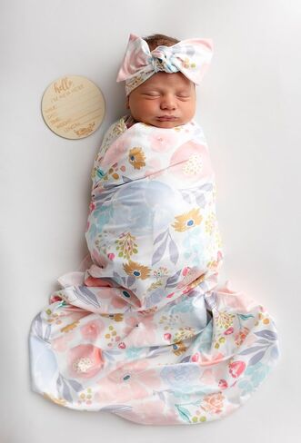 Newborn Baby Swaddle Sets with Headband and Beanie Purple Floral | Baby Grils Receiving Blanket with Name Card Stretch Wrap in Kuwait