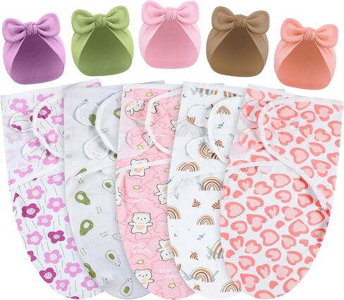 Fanfanwin 5 Pack Preemie Swaddle Blanket Wrap with Hat Set Cotton Preemie Baby Clothes Hat Receiving Blanket for 3-7 Lbs Newborn Boys Girls(Bow) in Kuwait