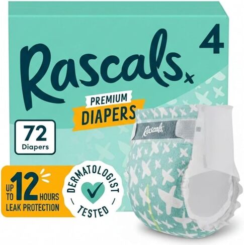 Rascals Premium Absorbent Baby Diapers, Babydiapers, Diapers, Disposable Baby Diapers, Premium Diapers, Fragrance-Free, Latex-Free, Lotion-Free, Size 4, 72 Count- by SAINT LOGISTICS, LLC in Kuwait