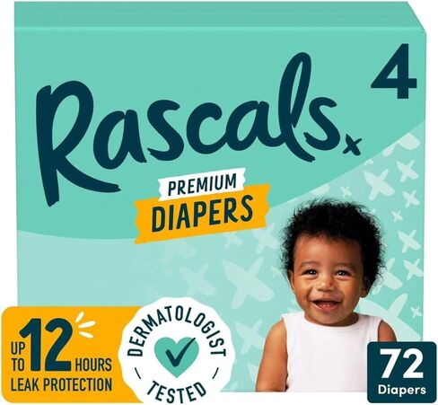 Rascals Premium Absorbent Baby Diapers, Babydiapers, Diapers, Disposable Baby Diapers, Premium Diapers, Fragrance-Free, Latex-Free, Lotion-Free, Size 4, 72 Count- by SAINT LOGISTICS, LLC in Kuwait