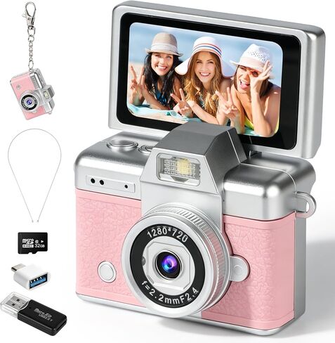 Mini Flip Screen Digital Camera, 1.47 Inch Pocket Retro Camera with USB-C Charging, 1080P/720P Video, MicroSD Support Up to 128GB, Portable Keychain Camera (White) in Kuwait