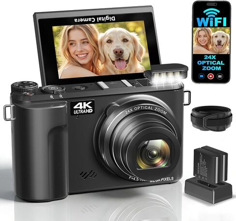 4K Digital Camera for Photography with 24X Optical Zoom & WiFi Vlog Cameras | 88MP Autofocus Vlogging Camera for YouTube with 3" 180° Flip Screen, 2 Batteries & Shoulder Strap, Black in Kuwait
