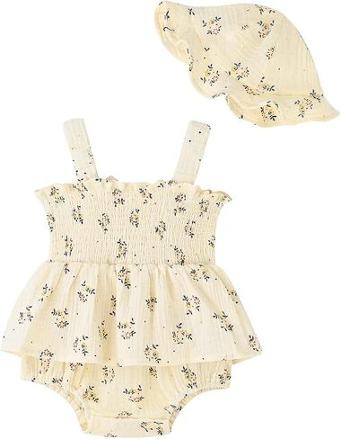 Baby Girl Summer Dress Floral Smocked Muslin Sundress with Sun Bonnet 100% Cotton Beach Vacation Tea Party Outfits in Kuwait