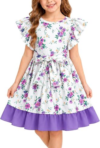 Toddler Girls Ruffle Trim Dress Sleeveless A-Line Belted Tiered Tulle Summer Casual Party Dresses for Kids 2-8Y in Kuwait