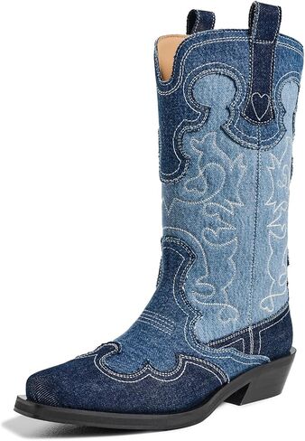 Ganni Women's Mid Shaft Embroidered Denim Western Boots in Kuwait