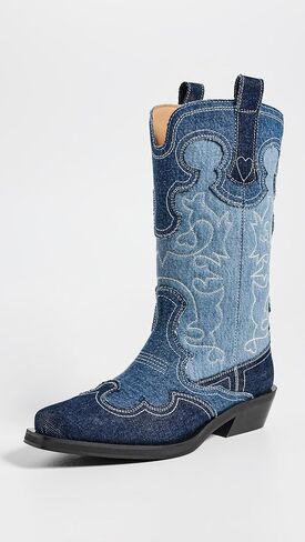 Ganni Women's Mid Shaft Embroidered Denim Western Boots in Kuwait