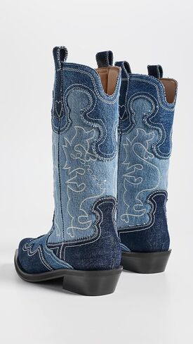 Ganni Women's Mid Shaft Embroidered Denim Western Boots in Kuwait