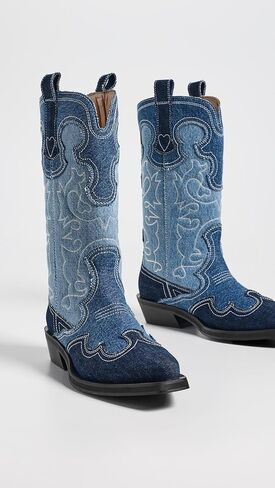 Ganni Women's Mid Shaft Embroidered Denim Western Boots in Kuwait