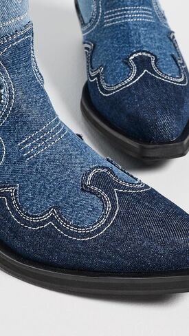 Ganni Women's Mid Shaft Embroidered Denim Western Boots in Kuwait