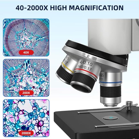 40-2000X Compound Microscope for Kids Adults Beginners | Lightweight Metal-Made / LED Light / Prepared Slide Kit and Storage Case Included / for Science Explore Education Gift in Kuwait