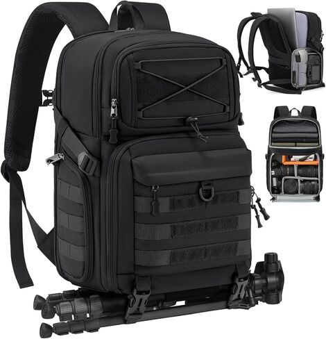 RAINSMORE Camera Backpack, DSLR/SLR/Mirrorless Tactical Camera Bag Cases | Waterproof camera bags for photographers with 15.6" Laptop Compartment & Rain Cover, Compatible with Canon/Nikon/Sony/Drone in Kuwait