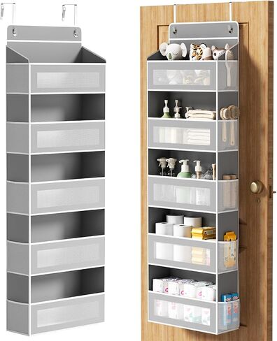 Over The Door Organizer, Over the Door Storage with 5 Large 10 Side Pockets, Hanging Door Organizer 44 lb Load Behind Door Storage, Hanging Shelf for Closet Wall Bedroom Bathroom Nursery, 5-Tier Grey in Kuwait