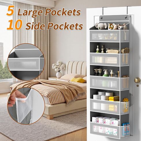 Over The Door Organizer, Over the Door Storage with 5 Large 10 Side Pockets, Hanging Door Organizer 44 lb Load Behind Door Storage, Hanging Shelf for Closet Wall Bedroom Bathroom Nursery, 5-Tier Grey in Kuwait