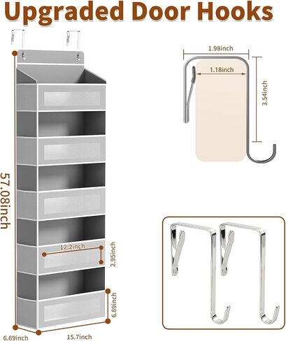 Over The Door Organizer, Over the Door Storage with 5 Large 10 Side Pockets, Hanging Door Organizer 44 lb Load Behind Door Storage, Hanging Shelf for Closet Wall Bedroom Bathroom Nursery, 5-Tier Grey in Kuwait