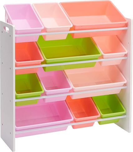 Amazon Basics Kids Toy Storage Organizer With 12 Plastic Bins, Natural Wood, Multicolor, for Bedroom and Playroom, 33.85"D x 12.79"W x 35.42"H in Kuwait