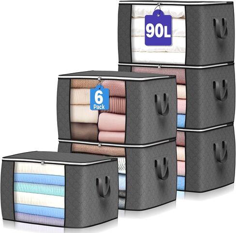 90L Large Storage Bags, 6 Pack Clothes Storage Bins Closet Organizers | Foldable Storage Containers, with Reinforced Handle, for Clothing, Blanket, Comforters, Bed Sheets, Pillows and Toys,Gray in Saudi Arabia