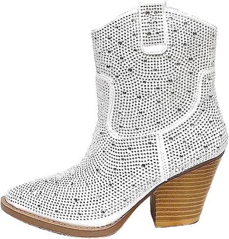 Women's Rhinestone Block Heel Ankle Boots River-01 By Forever White 6 in Kuwait