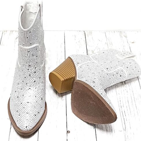 Women's Rhinestone Block Heel Ankle Boots River-01 By Forever White 6 in Kuwait