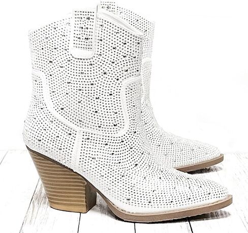 Women's Rhinestone Block Heel Ankle Boots River-01 By Forever White 6 in Kuwait