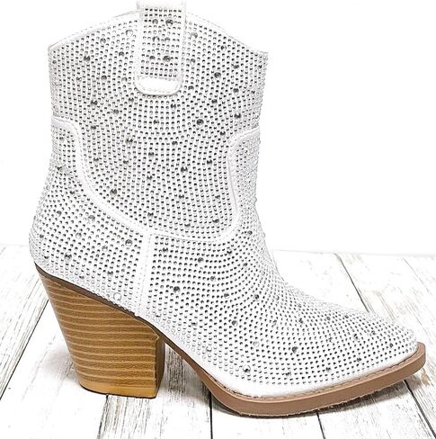 Women's Rhinestone Block Heel Ankle Boots River-01 By Forever White 6 in Kuwait