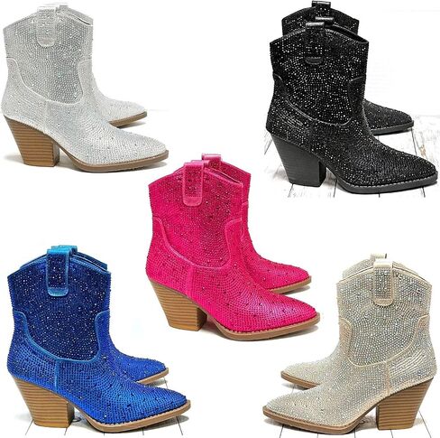 Women's Rhinestone Block Heel Ankle Boots River-01 By Forever White 6 in Kuwait